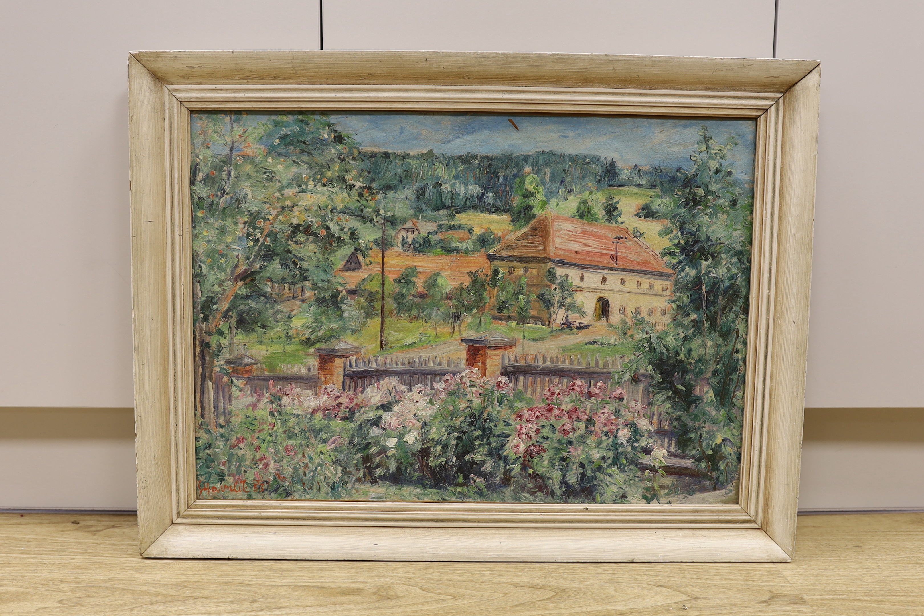 Svatopluk Havrlik (b.1908), oil on canvas, Mediterranean country house and garden, signed and dated '53, 43 x 61cm